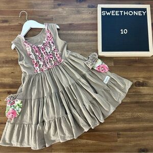 SweetHoney OG Taupe Peonies Lap Dress 10 Pink Floral Twirl Sleeveless Ruffles